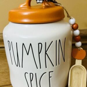 Rae Dunn Pumpkin Spice Ceramic Jar with Orange Lid